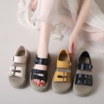 Belt buckle decorated thick-soled covered heel sandals for women
