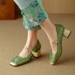 French light luxury embossed silk mid-heel shoes