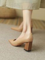 Nude high heels for women thick heels pointed toe