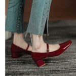 Burgundy French retro square toe thick heel single shoes for women - Image 3