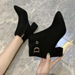 Pointed suede thick heel short boots