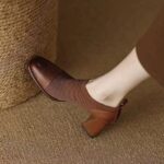 French retro soft leather square toe high heels and bare ankle boots