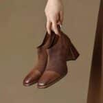 French retro soft leather square toe high heels and bare ankle boots - Image 3