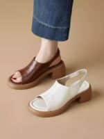 Cowhide version ~ Retro thick-heeled sandals - Image 3