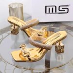 Gold rhinestone flip flops heel for women