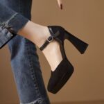 Temperament thick heel frosted soft leather high heels - Image 2