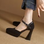 Temperament thick heel frosted soft leather high heels - Image 4