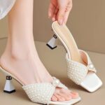 New style fashionable and versatile pearl genuine leather temperament medium heel