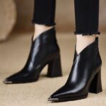 Thick heel pointed toe short boots for women