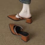 Genuine leather beautiful closed toe half slippers for women