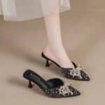 Rhinestone bow pointed toe stiletto sandals for women