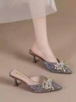 Rhinestone bow pointed toe stiletto sandals for women - Image 2