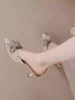 Rhinestone bow pointed toe stiletto sandals for women - Image 3