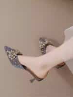 Rhinestone bow pointed toe stiletto sandals for women - Image 4