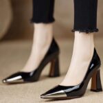 Square head metal patent leather stiletto high heels