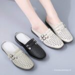 Flat Soft Leather Hollow Breathable Mom Shoes for Outdoor Wear